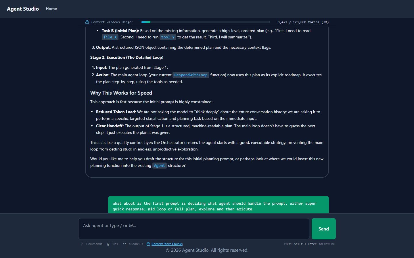 Agent Studio chat with a streamed markdown answer discussing how to plan agent prompts