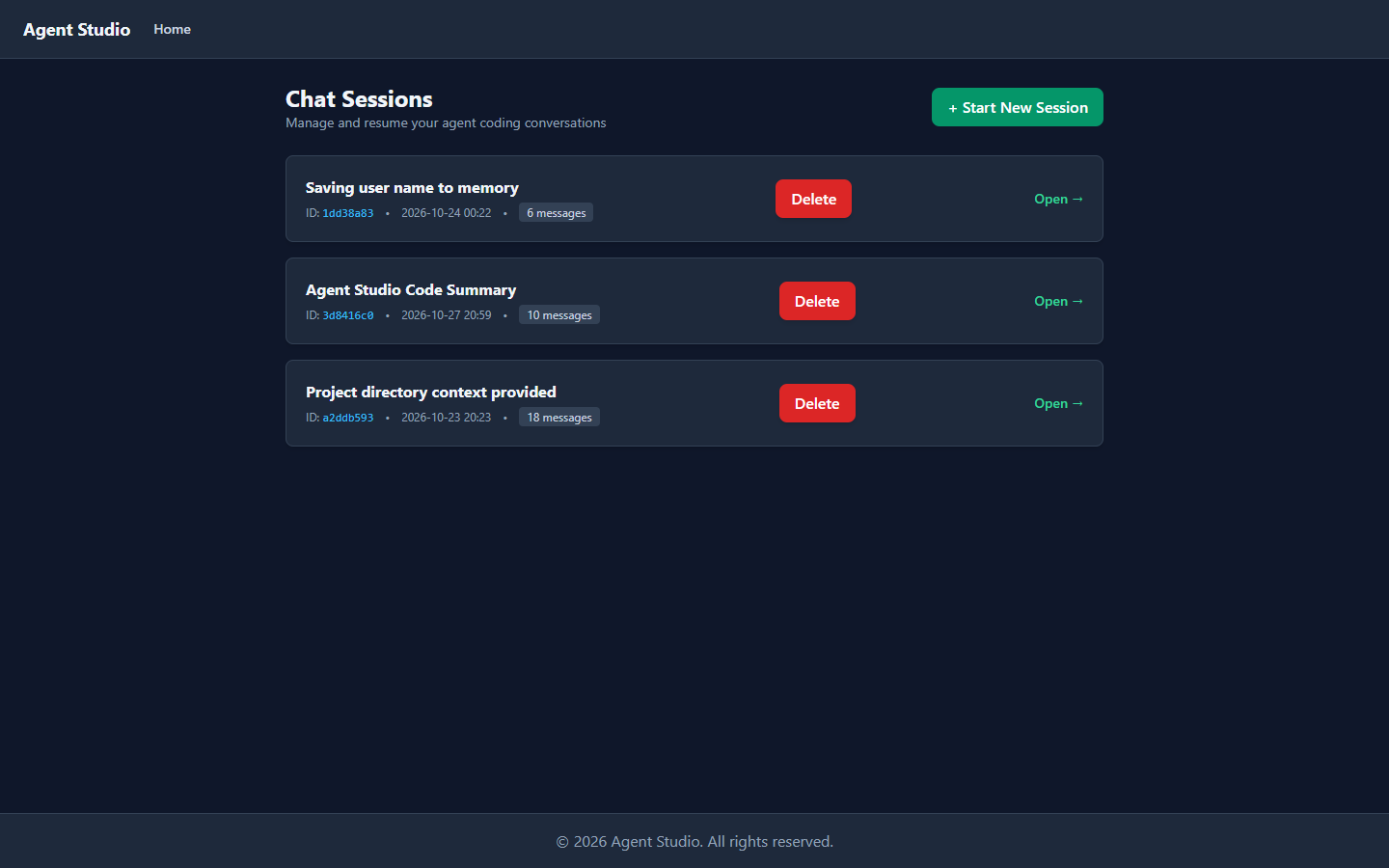 Agent Studio chat session list with generated titles, dates and message counts