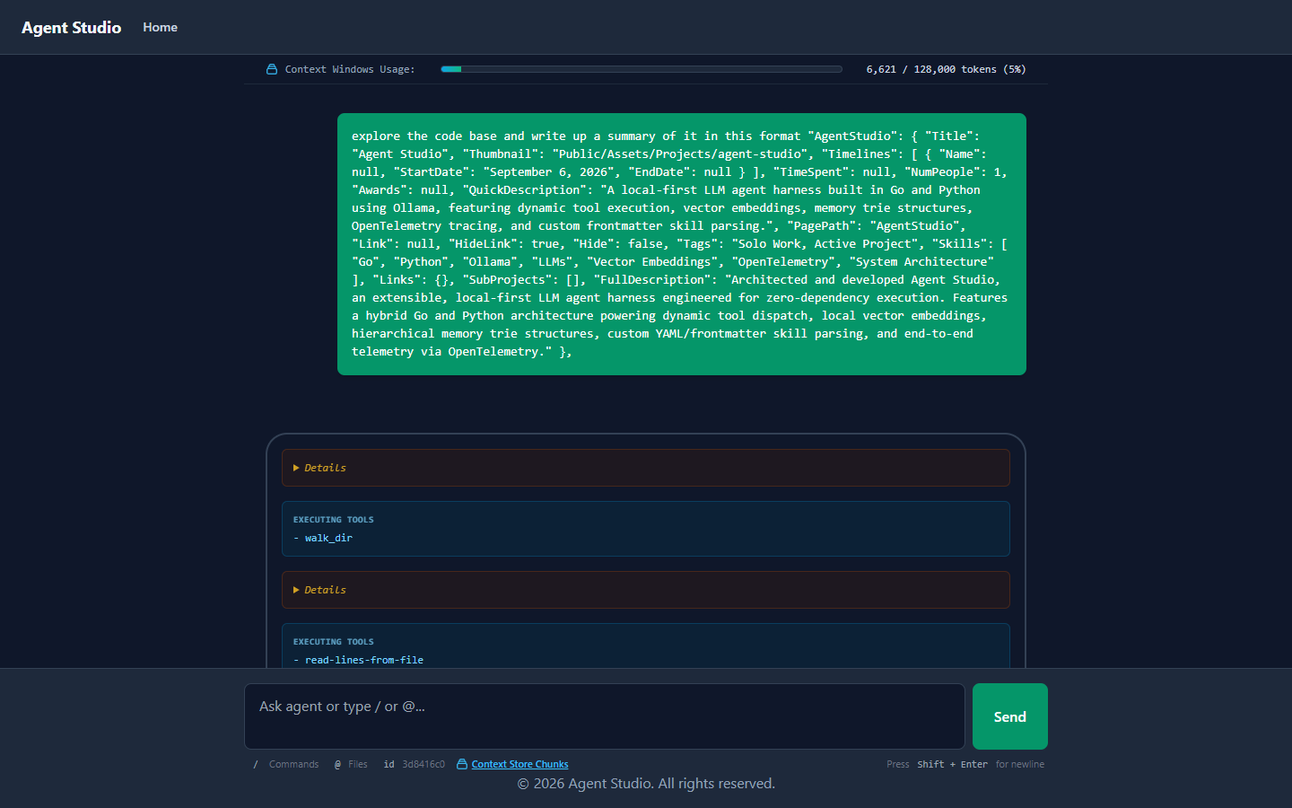 Agent Studio chat showing the agent running the walk_dir and read-lines-from-file tools