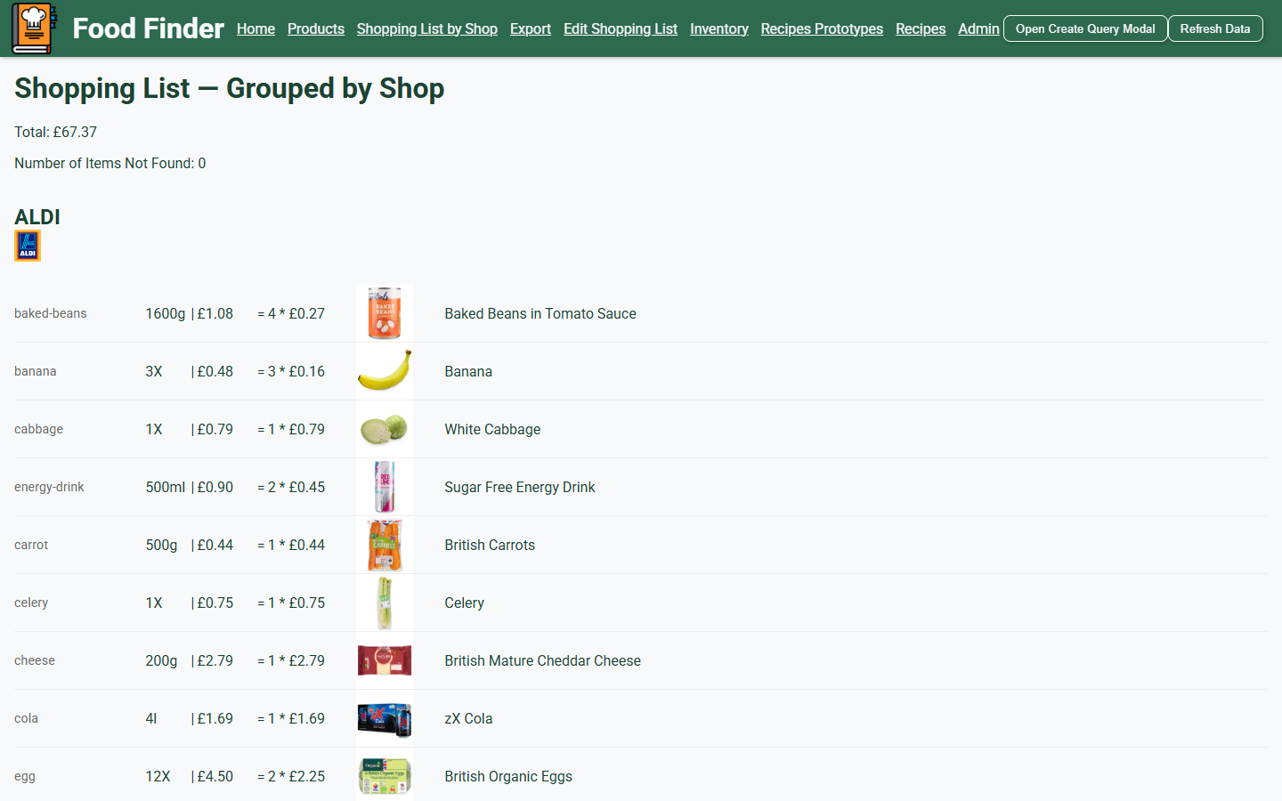 Food Finder shopping list grouped by shop, showing item, pack size, price and the chosen product